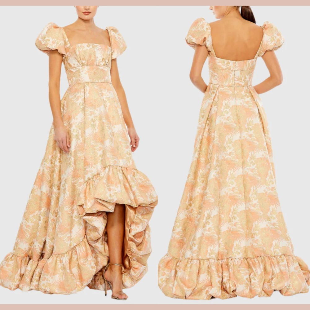 NWT MAC DUGGAL [ 8 ] 68276 Floral Print Puff Sleeve High Low Brocade Gown‎ S1963